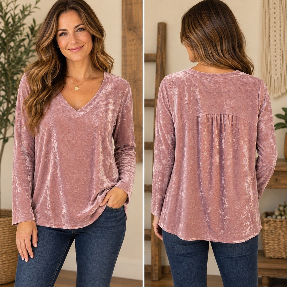 J. Jill Dusty Rose Crushed Velvet V-Neck Long Sleeve Top Blouse Pink Size Medium
